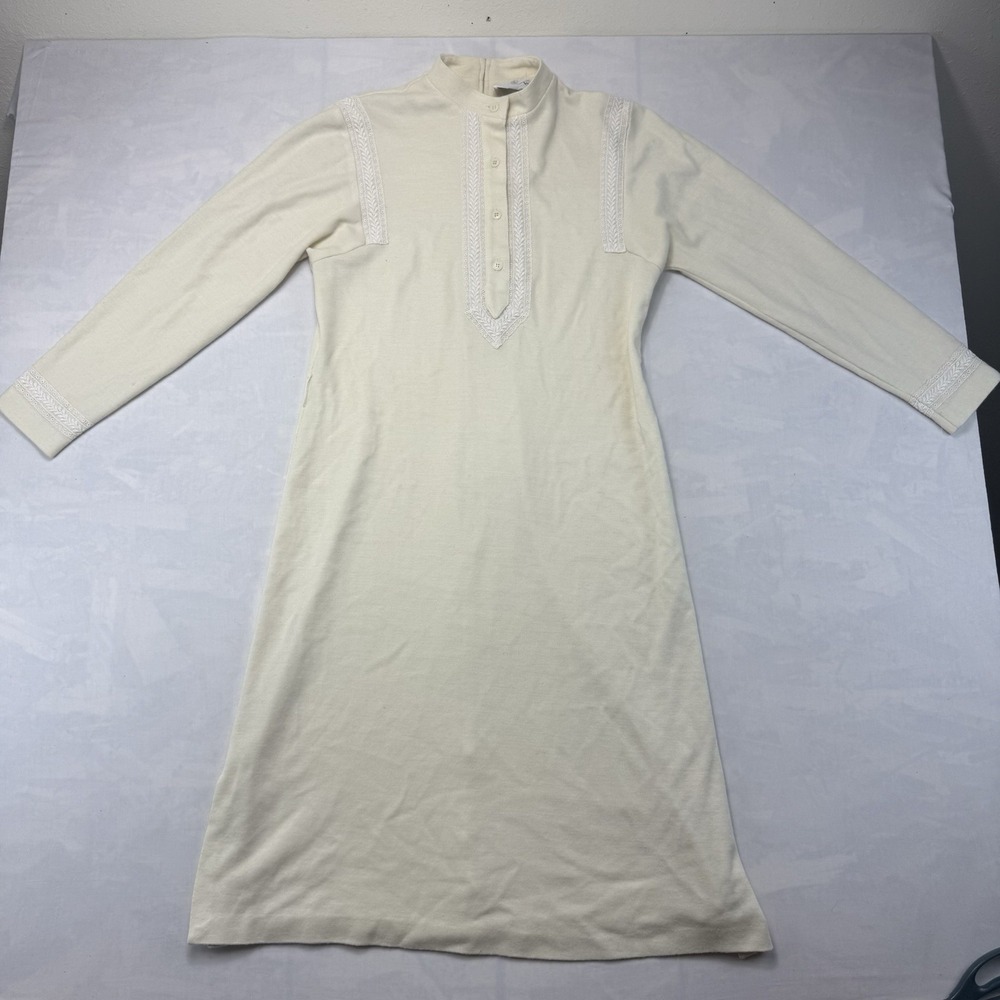 Vintage Butte Knit Sweater Dress Womens Small Cream Long Sleeve Lace Trim